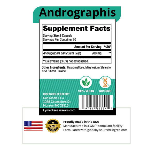 LymeWars Andrographis supplement facts label showing 900 mg dosage, vegan and non-GMO icons, and USA manufacturing details