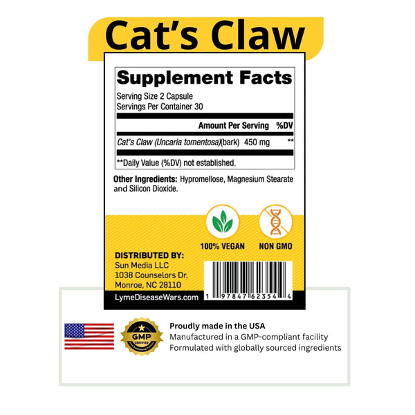 LymeWars Cat’s Claw supplement facts label showing 450 mg dosage, vegan and non-GMO icons, and USA manufacturing details