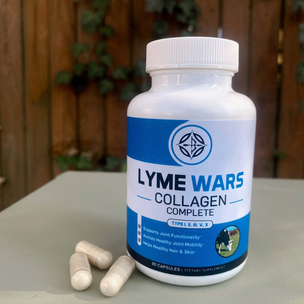 Lyme Wars Collagen Complete supplement bottle with capsules, supports joint functionality and healthy hair and skin