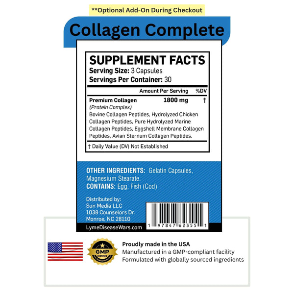 LymeWars Collagen Complete supplement facts label showing 1800 mg premium collagen complex, additional ingredients, and USA manufacturing details