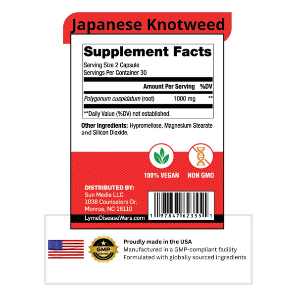 LymeWars Japanese Knotweed supplement facts label showing 1000 mg dosage, vegan and non-GMO icons, and USA manufacturing details
