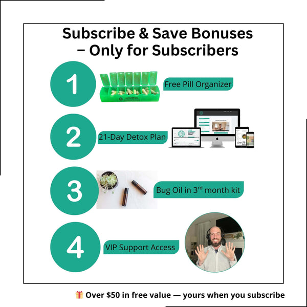 Lyme Wars Subscribe and Save bonuses including free pill organizer, 21-day detox plan, bug oil in the third month, and VIP support access