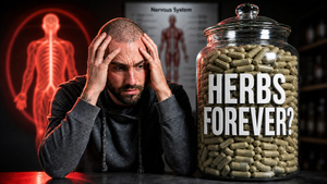 Ryan Kearns looking at a jar filled with Lyme herbs, and the text Herbs Forever?