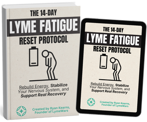 Book and digital version of 'The 14-Day Lyme Fatigue Reset Protocol' on a white background