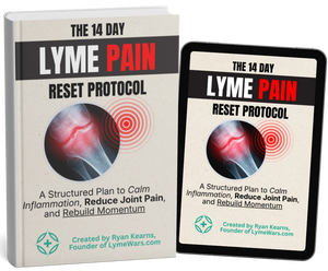 Book and tablet displaying 'The 14 Day Lyme Pain Reset Protocol' by Ryan Kearns.